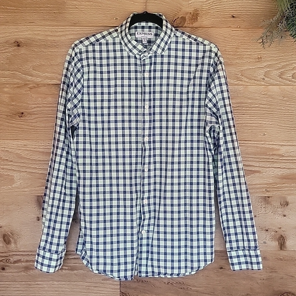 Express Men Green and Green Check Extra Slim Button Down Shirt Size Medium